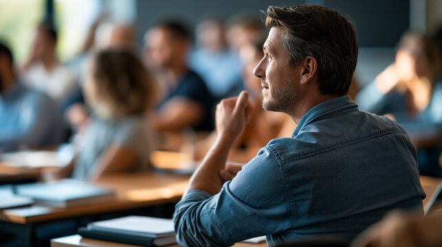 Rear view of adult students engaged in classroom lesson at bright modern education center rows of desks with notebooks defocused board adult education learning professional