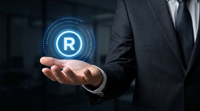Trademark Protection: A businessman in a suit holds out his palm, showcasing a glowing blue circle with a stylized 'R' inside, representing trademark protection and intellectual property.