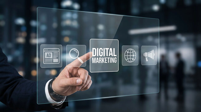 Digital Marketing Interface: A person's finger interacts with a futuristic transparent screen displaying digital marketing icons, symbolizing online strategy and business growth.