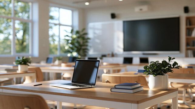 Modern classroom with interactive whiteboard and neat rows of desks bright clean interior with daylight windows digital education smart board technology in school learning