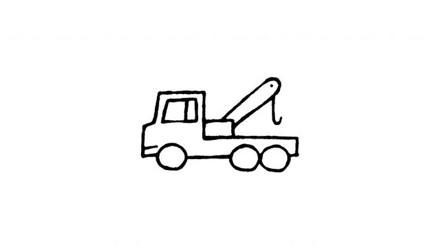 4K animated tow truck recovery doodle icon. Frame by frame line art on black and green screen chroma key background for wrecker vehicle, roadside assistance, breakdown service, and repair edits.