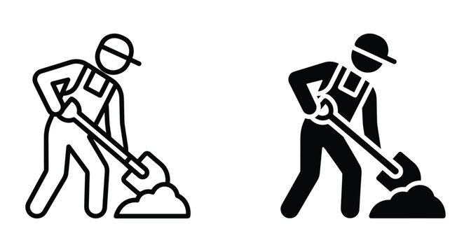 Construction worker digging with shovel icon set featuring outline and solid silhouette styles for manual labor and gardening projects