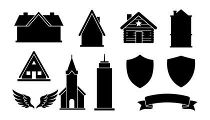 Houses and Landmarks Minimalist Vector Icons Set Illustration Featuring House, Building, Home with Cottage and Cabin Elements © Sultana