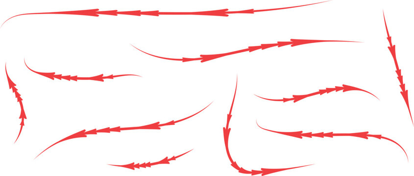 Red hand drawn arrow set, collection of 10 curved directional pointers, sketch style red ink brush strokes for emphasis, decorative hand-drawn arrow elements for highlighting text