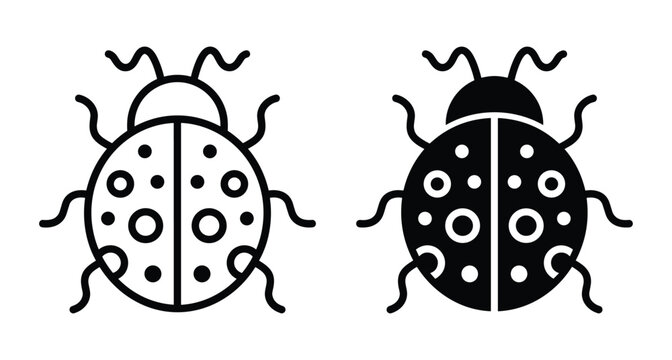 Ladybug icon set featuring outline and solid silhouette styles of a spotted beetle insect for nature and garden design projects