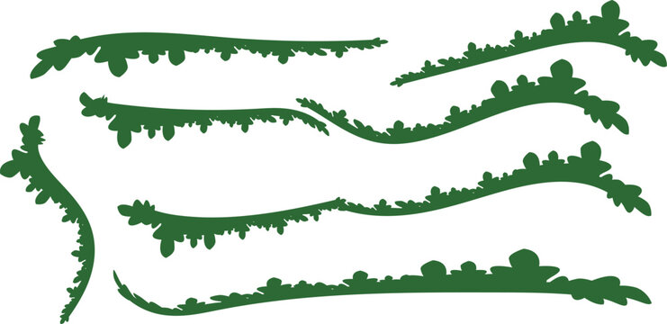 Green grass border silhouettes, organic meadow turf edge vector set, decorative lawn and garden landscape dividers, flat botanical grass line elements for nature design and framing