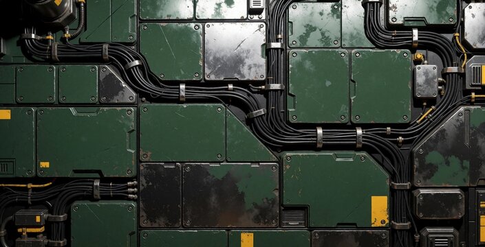 Dark green metal panel wall with black industrial wiring, complex electrical cables. Rusty texture surface plates connect to modern tech machines. Scratched hardware components create rugged military