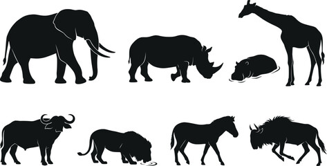 Wild African Safari Animal Silhouette Icon Collection with Elephant Giraffe and Rhino Symbols for Nature Graphic Design Projects © GeetaRani