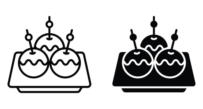 Takoyaki icon set featuring Japanese octopus balls on a plate with toothpicks in outline and solid black vector graphic styles