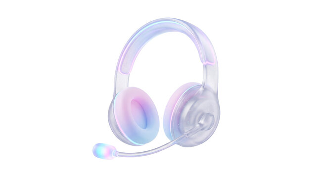 Holographic gaming headphones with microphone, iridescent wireless headset for gamers, pastel aesthetic audio gear on white background