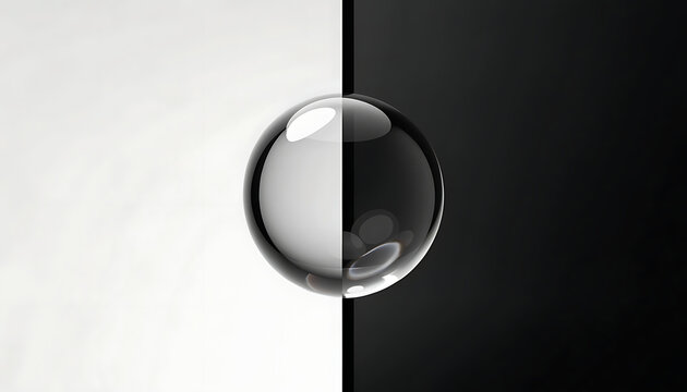 Glass sphere on split background. Transparent crystal ball on black and white surface.
