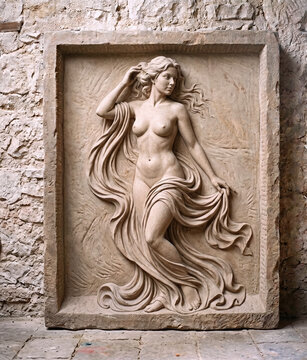 Greco-Roman style stone bas-relief sculpture of dancing woman with veil