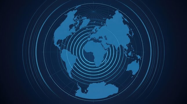 Abstract digital world map with glowing blue concentric circles representing global connectivity and data flow