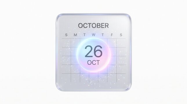 Glassmorphism October 26 calendar icon, frosted glass date planner, modern digital schedule interface on white background