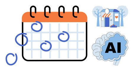 Naklejka premium Calendar with circled dates, local shop, and brain with AI text vector illustration. Time management, business planning, artificial intelligence, local commerce, scheduling, digital strategy. Planner