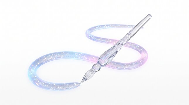 Elegant glass dip pen with iridescent ink trail, crystal calligraphy pen on white background, artistic writing tool with shimmering pastel ink