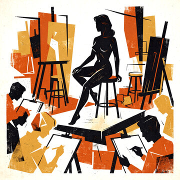 model in life drawing class Graphic poster style illustration
