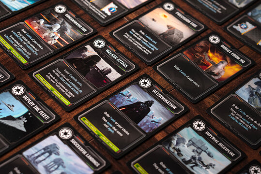 Portrait macro product photography of Star Wars Battle of Hoth command cards showing battle moments and troop orders