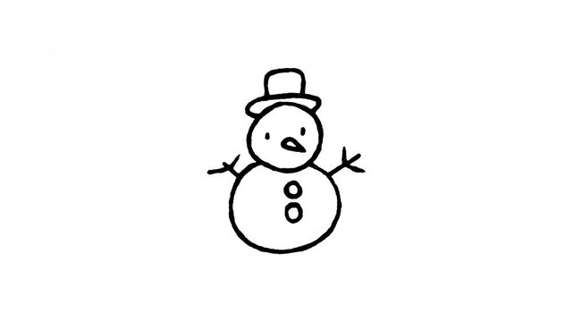 Animated 4K snowman winter doodle icon. Hand drawn line art on black and green screen chroma key background for holiday frozen figure, cold climate, Christmas season, and snowy character edits.