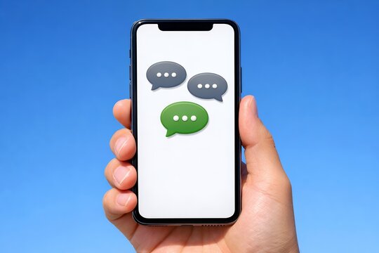 青空のもとスマートフォンでチャットする手