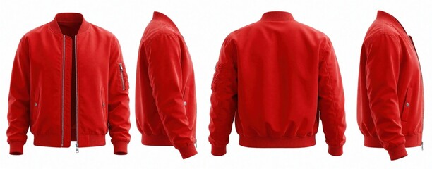 Naklejka premium Red bomber jacket shown front side back and profile views. Basic outerwear garment template for design and print presentation. Unisex fashion apparel on white background.