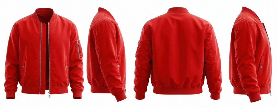 Red bomber jacket shown front side back and profile views. Basic outerwear garment template for design and print presentation. Unisex fashion apparel on white background.