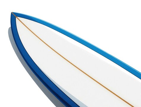 White surfboard with blue rails, yellow stringer sits against white background. Modern board shape features sleek design for ocean wave riding. Pro gear item represents surf culture, water sport