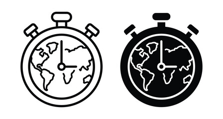 Fototapeta premium Stopwatch icons with world map on face representing global time zones international business logistics speed and worldwide deadline management tools