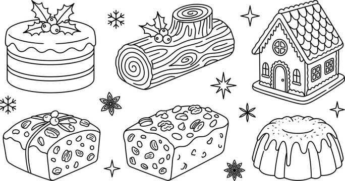 Christmas baking vector collection featuring gingerbread house yule log fruitcake bundt cake and traditional winter holiday desserts