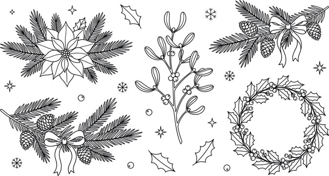 Christmas floral arrangements line art vector illustration elements set with wreath poinsettia mistletoe pine cone branch bow holly