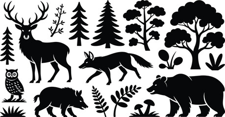 Black silhouette forest animals trees and plants on white background © MstArjuman