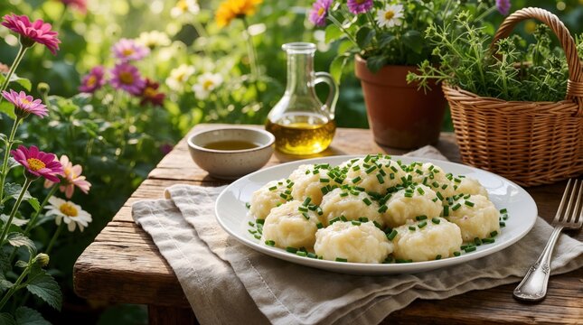 Plate of bryndzove halusky dumplings topped with green chives on wooden table in sunny garden. Traditional slovak potato meal served with oil in rustic outdoor setting. Delicious national food with