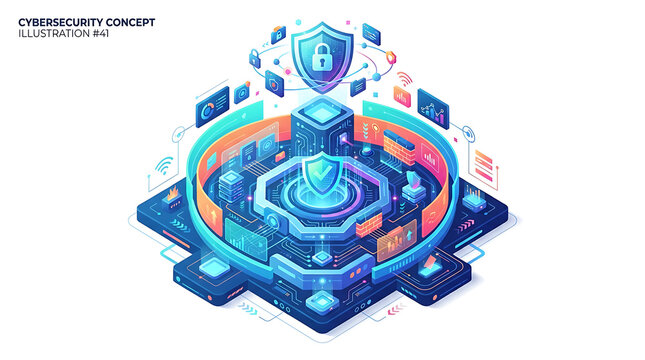 Cybersecurity concept: futuristic isometric digital shield protecting server data center network from cyber threats