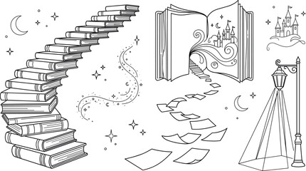 Obraz premium Magic fantasy book vector set featuring book staircase fairytale castle pop up pages lamp post and stardust