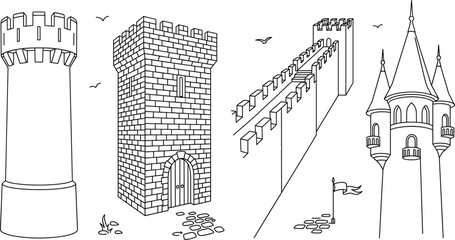 Medieval castle towers and fortress walls line art vector illustration collection featuring fairytale spires fortresses and stone battlements © Md