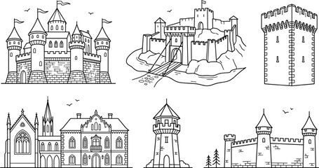 Obraz premium Medieval castle and fortress line art vector illustration elements set with palace watchtower tower drawbridge wall spires flags