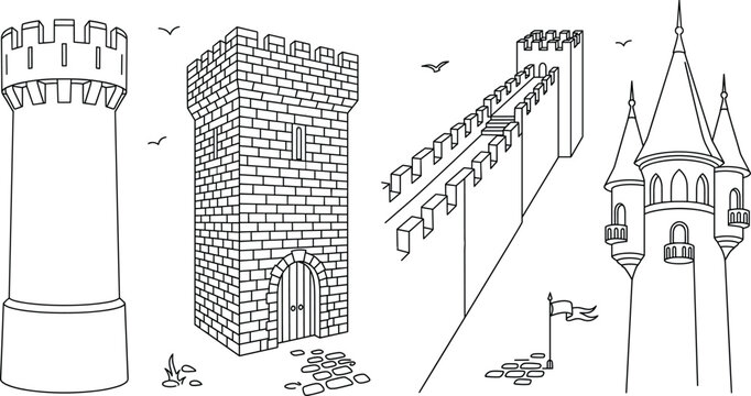 Medieval castle towers and fortress walls line art vector illustration collection featuring fairytale spires fortresses and stone battlements