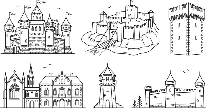 Medieval castle and fortress line art vector illustration elements set with palace watchtower tower drawbridge wall spires flags