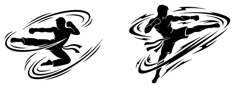 Martial arts fighters performing powerful high kicks with dynamic energy swirl motion trails silhouette