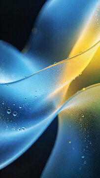 Beautiful glowing blurred frosted glass wavy aura ribbon background with grainy holographic texture droplets vertical composition for mobile device blue yellow wallpapers.