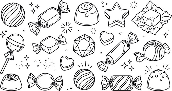 Sweet candy and chocolate vector collection with wrapped bonbons truffles lollipop stars hearts and delicious confectionery doodles