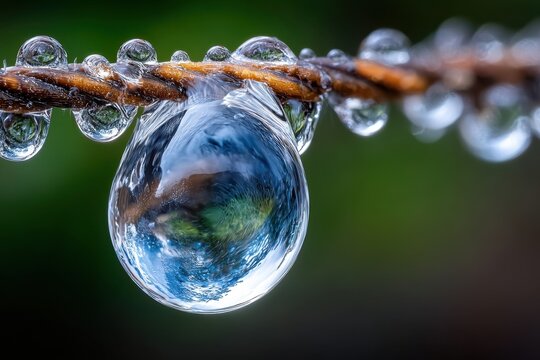 Water droplet hangs on barbed wire reflecting greenery in a tranquil environment