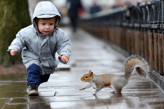 Child running after squirrel on rainy day in city park with wet pavement