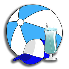 Beach accessories featuring an inflatable ball, a cap, and a tropical drink for summer vacation concepts