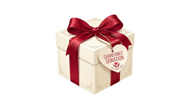 Charitable donation gift box with red satin ribbon, elegant white present for non-profit fundraising, heart shaped tag for charity giving and philanthropy
