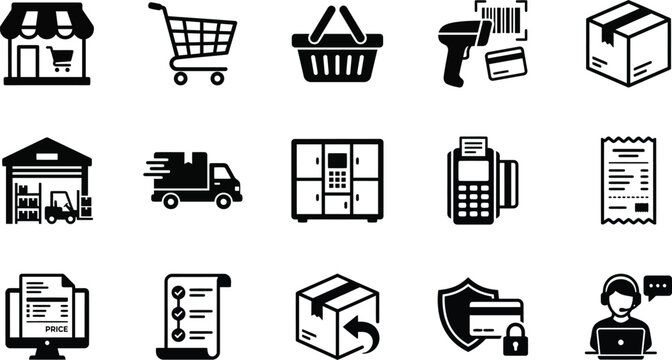 Set of black and white hand drawn doodle icons representing e commerce shopping logistics and digital retail services