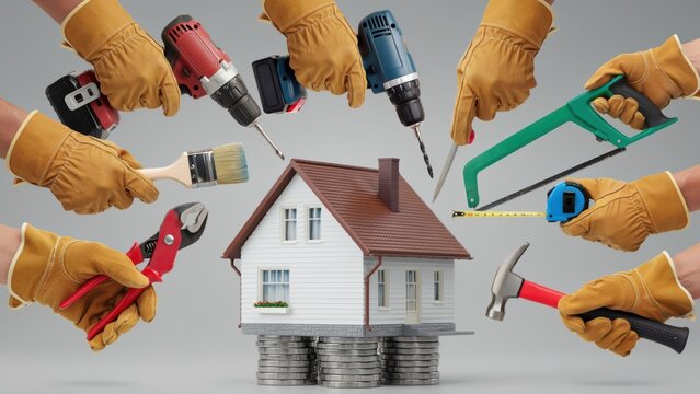 Hands holding various tools around a house model. Home repair concept.
