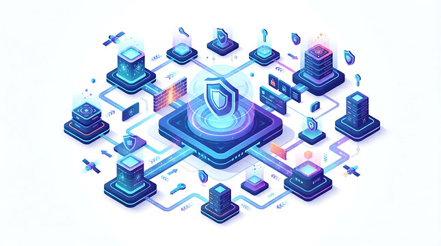 Cybersecurity network illustration: isometric digital shield protecting connected servers and data nodes