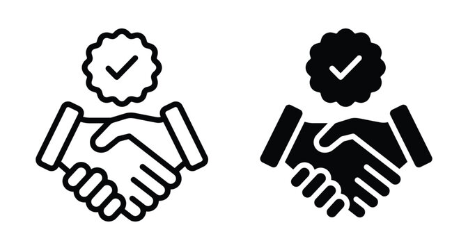 Handshake icon set with checkmark badge representing successful business agreement partnership trust deal cooperation collaboration professional contract verification and quality assurance