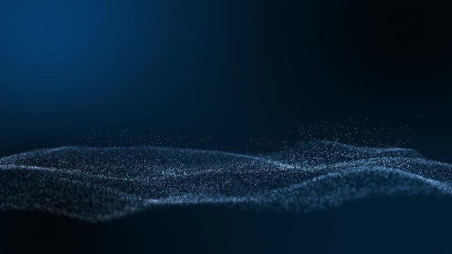 Abstract dark blue particle wave landscape background with glowing dust.